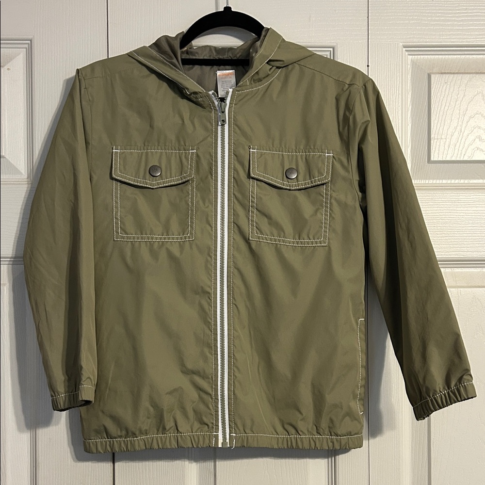 Gymboree Olive Green Hooded Kids Raincoat Chest Pockets Zip Up Unisex 7 8 Med